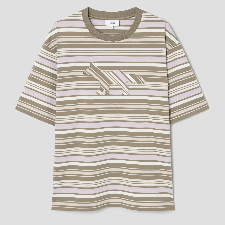 Maison Kitsune Men Crafted Profile Fox Striped Oversize Tee-Shirt - Soft Mauve/Cardamone