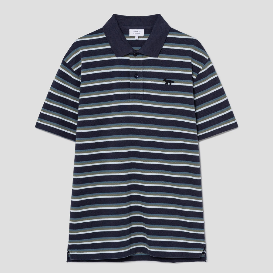 Maison Kitsune Men Profile Fox Patch Tri Color Stripes Polo - Ink Blue