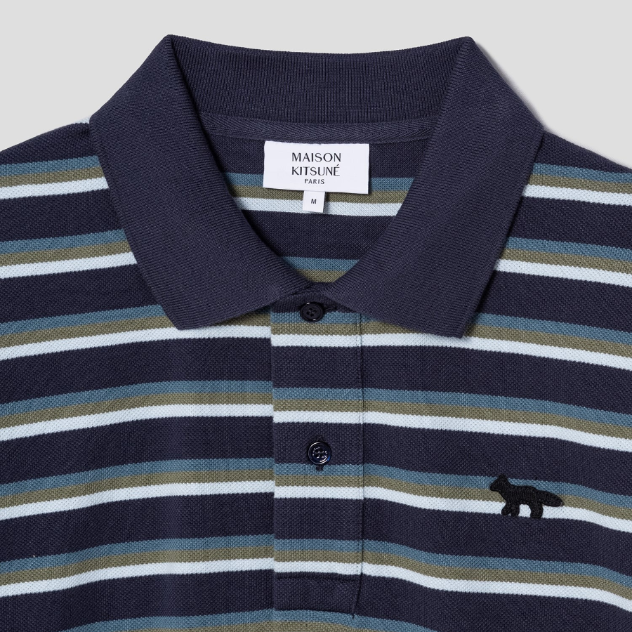 Maison Kitsune Men Profile Fox Patch Tri Color Stripes Polo - Ink Blue