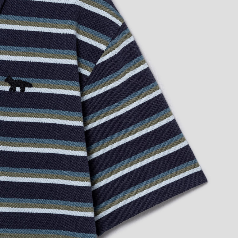 Maison Kitsune Men Profile Fox Patch Tri Color Stripes Polo - Ink Blue