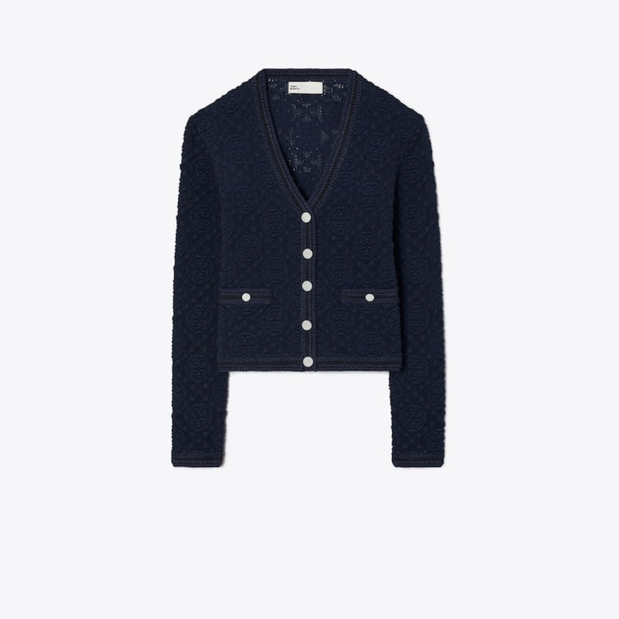 TORY BURCH Cotton Logo Lace Cardigan – Navy