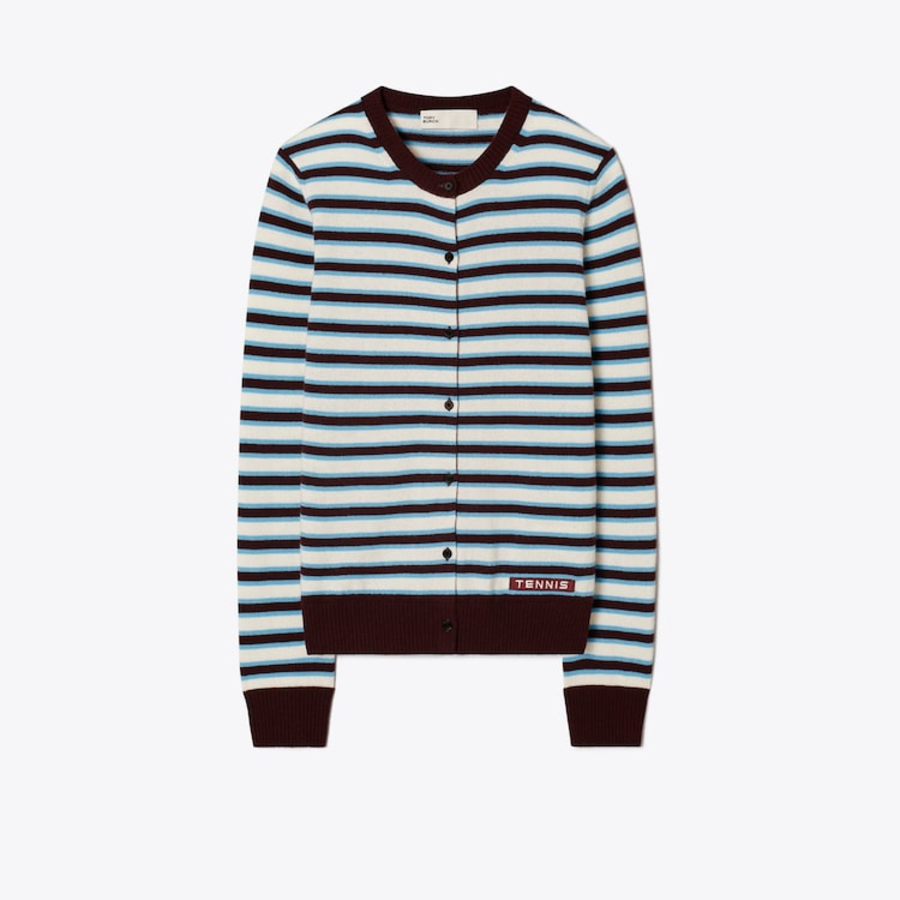 TORY BURCH Cashmere Stripe Tennis Cardigan – Navy