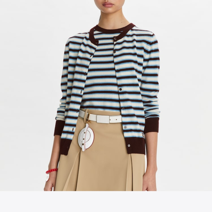 TORY BURCH Cashmere Stripe Tennis Cardigan – Navy