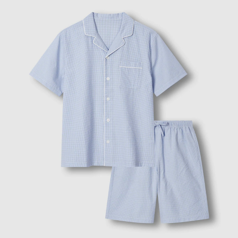 JAJU Seersucker Check 5-Part Pajama Set – Light Blue