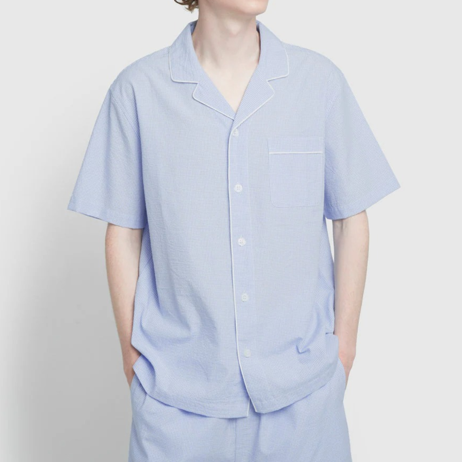 JAJU Seersucker Check 5-Part Pajama Set – Light Blue