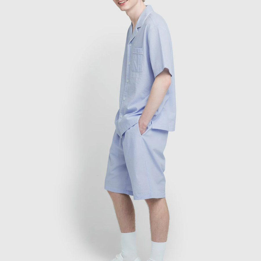 JAJU Seersucker Check 5-Part Pajama Set – Light Blue