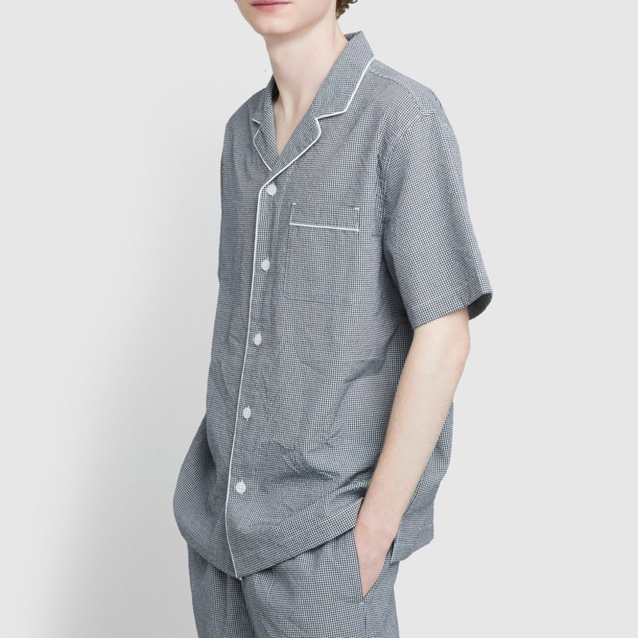 JAJU Seersucker Check 5-Part Pajama Set – Light Navy