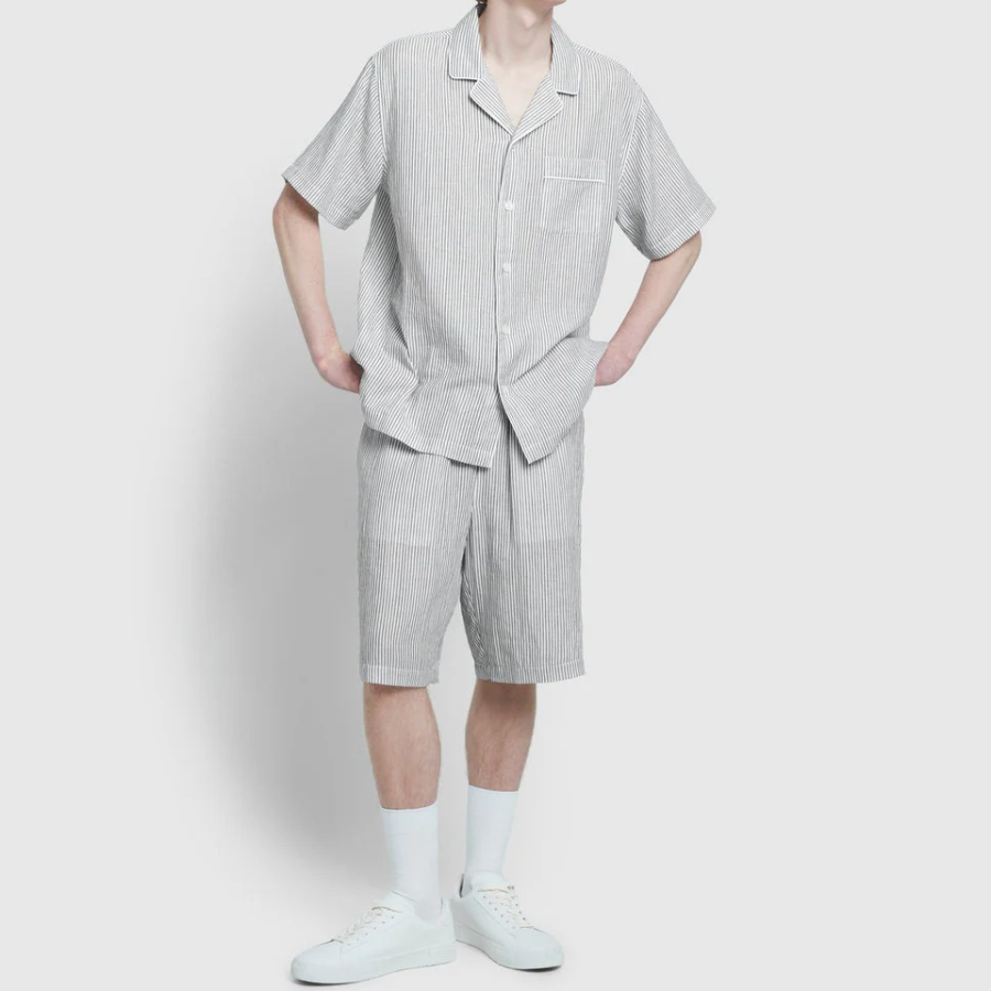 JAJU Summer Double Cotton 5-Part Pajama Set – Light Navy