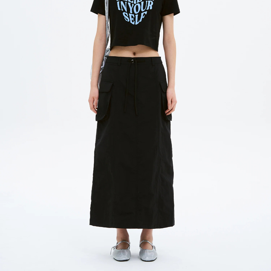 8 seconds Nylon Cargo Long Skirt - Black