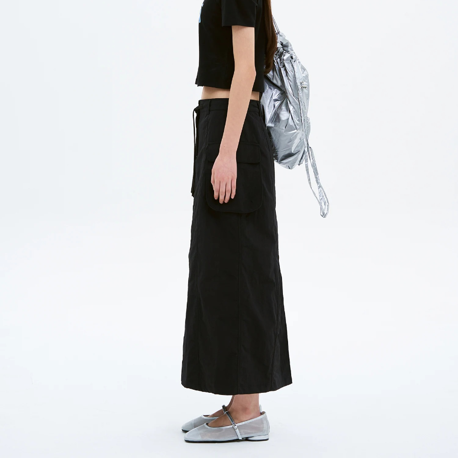 8 seconds Nylon Cargo Long Skirt - Black