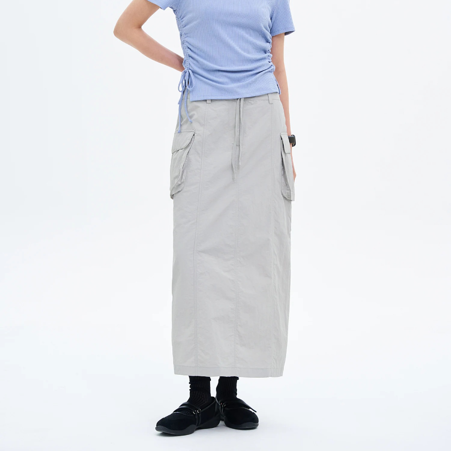 8 seconds Nylon Cargo Long Skirt - Light Grey