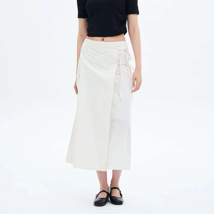 8 seconds 40s Cotton Nylon Ribbon Wrap Long Skirt - Ivory