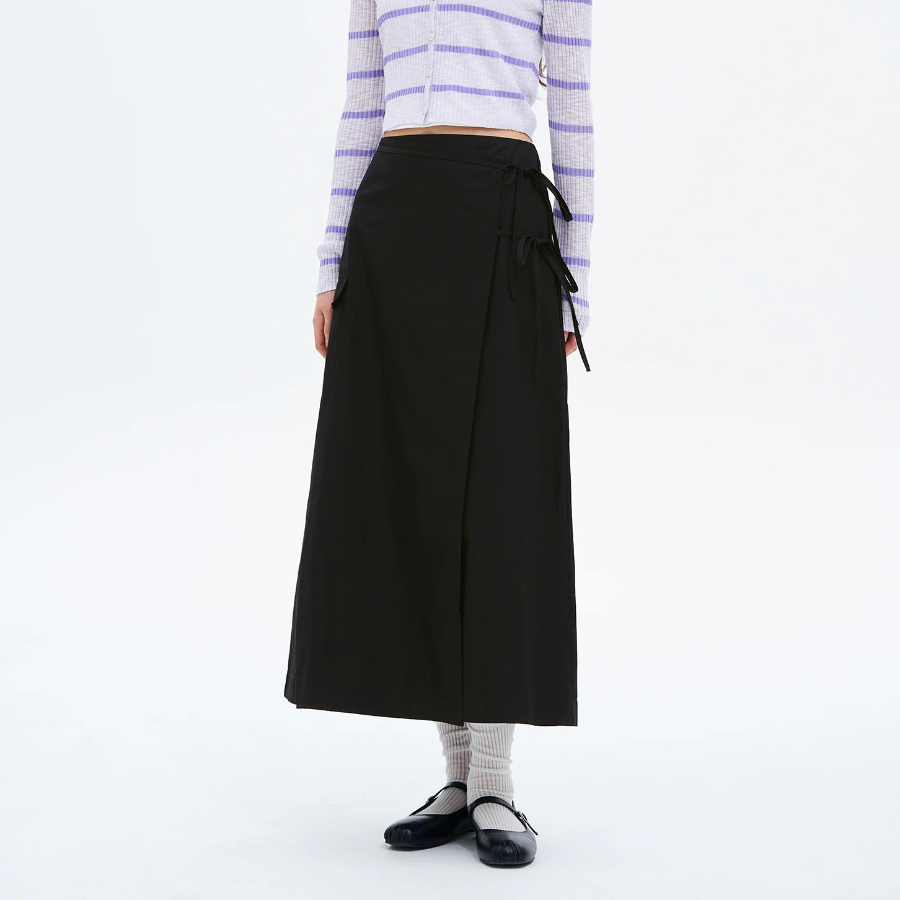 8 seconds 40s Cotton Nylon Ribbon Wrap Long Skirt - Black