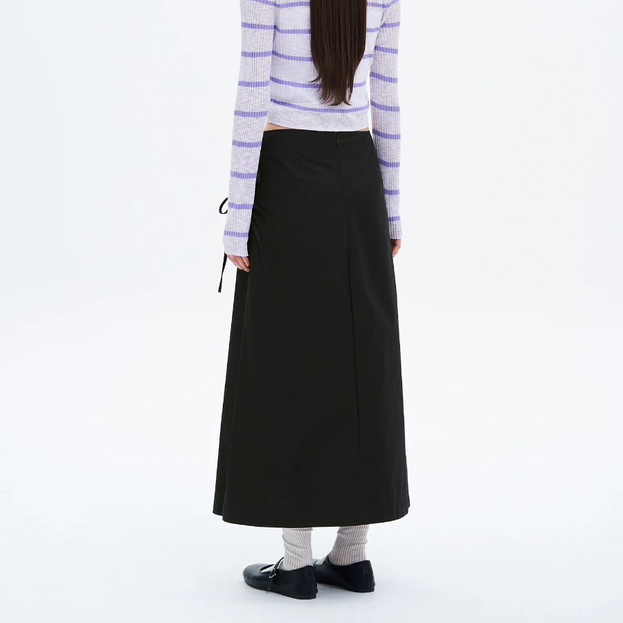 8 seconds 40s Cotton Nylon Ribbon Wrap Long Skirt - Black