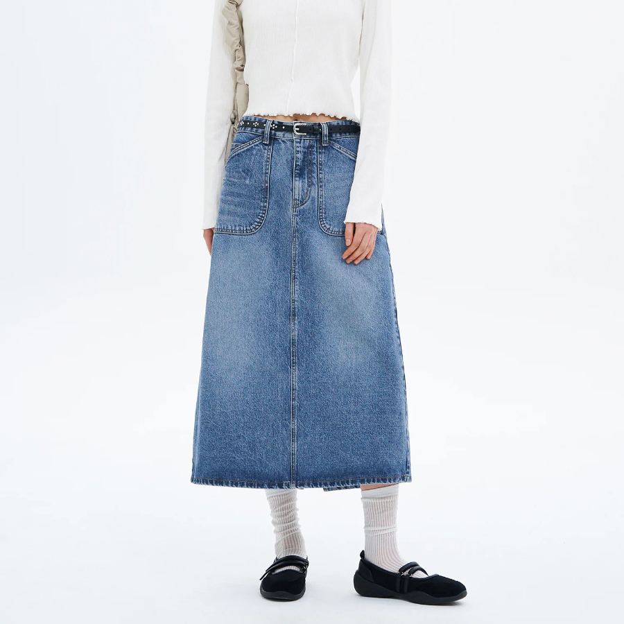 8 seconds Front Pocket Denim Long Skirt - Blue