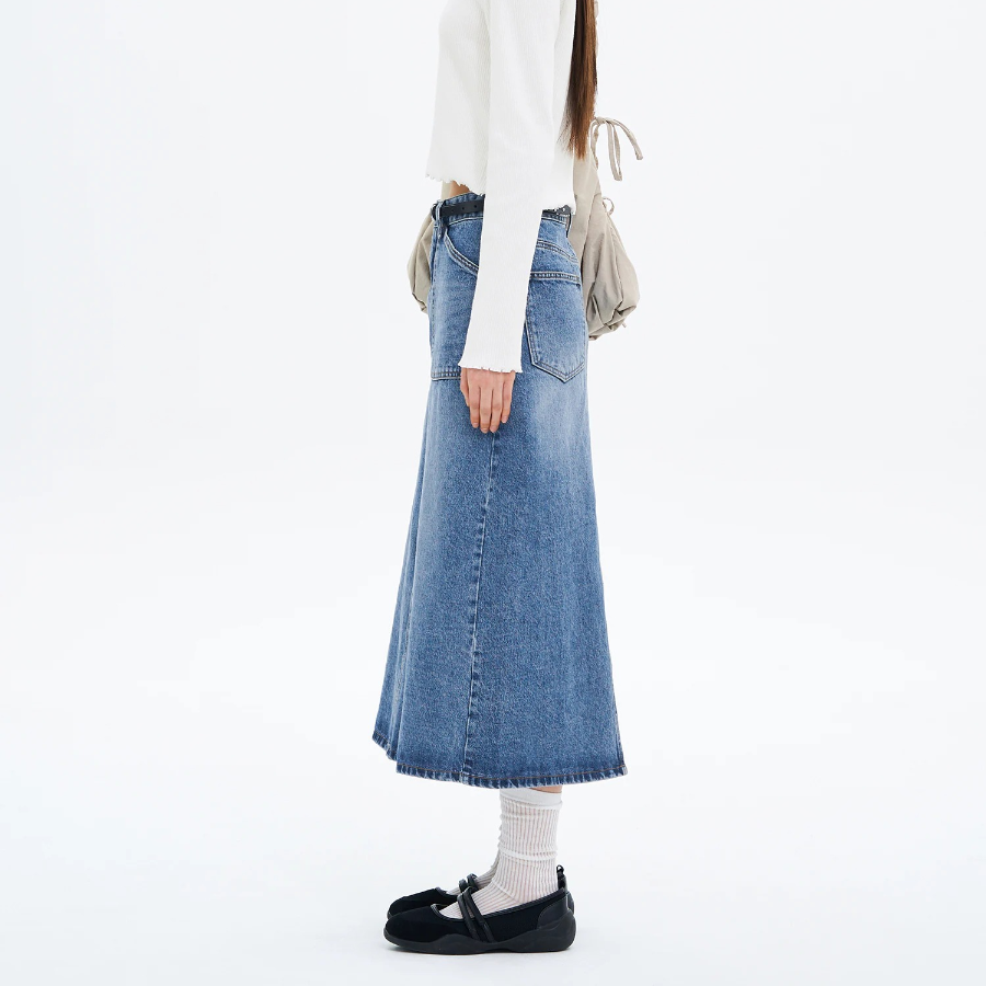 8 seconds Front Pocket Denim Long Skirt - Blue