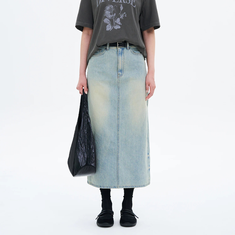 8 seconds Washed Denim Long Skirt - Sky Blue