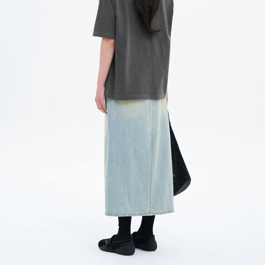 8 seconds Washed Denim Long Skirt - Sky Blue