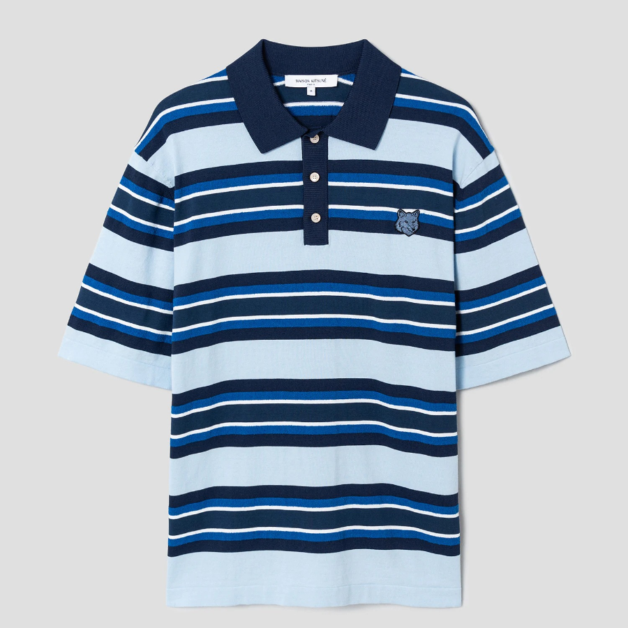 Maison Kitsune Men Fine Gauge Striped Polo - Cirrus Blue/Ink Blue
