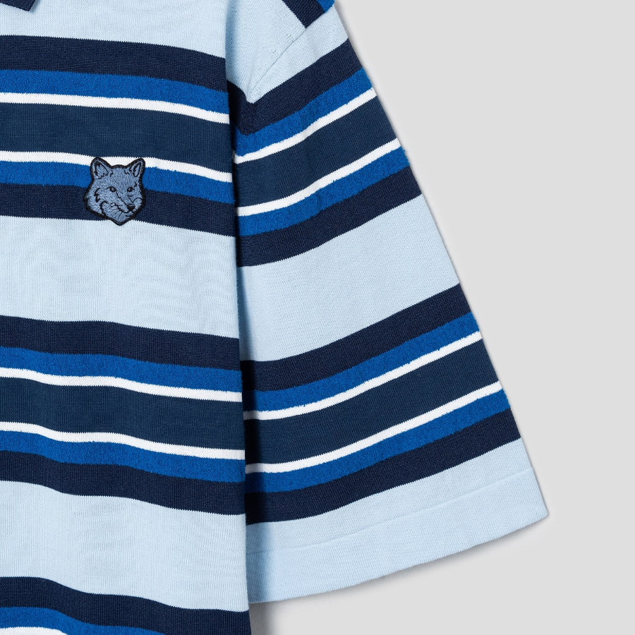 Maison Kitsune Men Fine Gauge Striped Polo - Cirrus Blue/Ink Blue