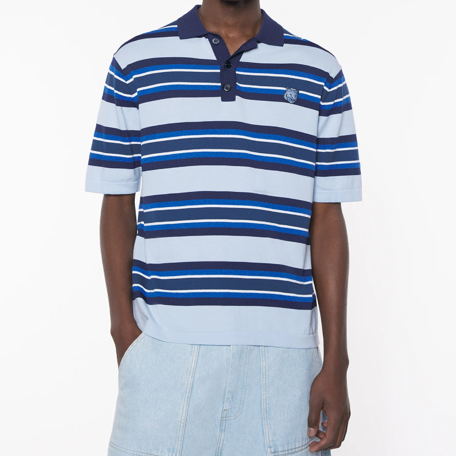 Maison Kitsune Men Fine Gauge Striped Polo - Cirrus Blue/Ink Blue