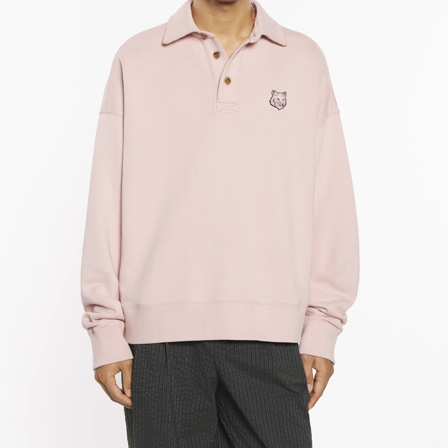 Maison Kitsune Men Bold Fox Head Fleece Oversize Polo Sweatshirt - Pink Clay