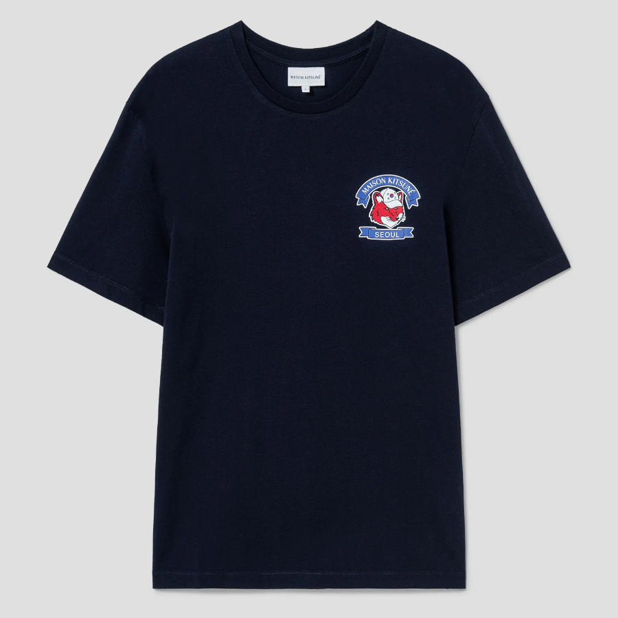 Maison Kitsune Unisex Korean Fox Printed Regular Tee-Shirt - Navy