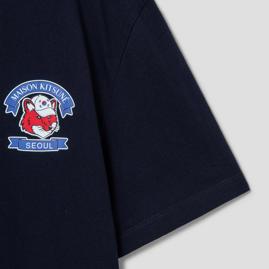 Maison Kitsune Unisex Korean Fox Printed Regular Tee-Shirt - Navy
