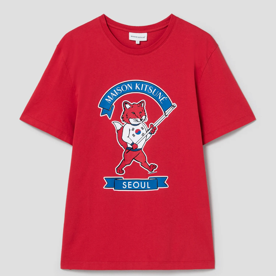 Maison Kitsune Unisex Korean Fox Printed Regular Tee-Shirt - Plum Red
