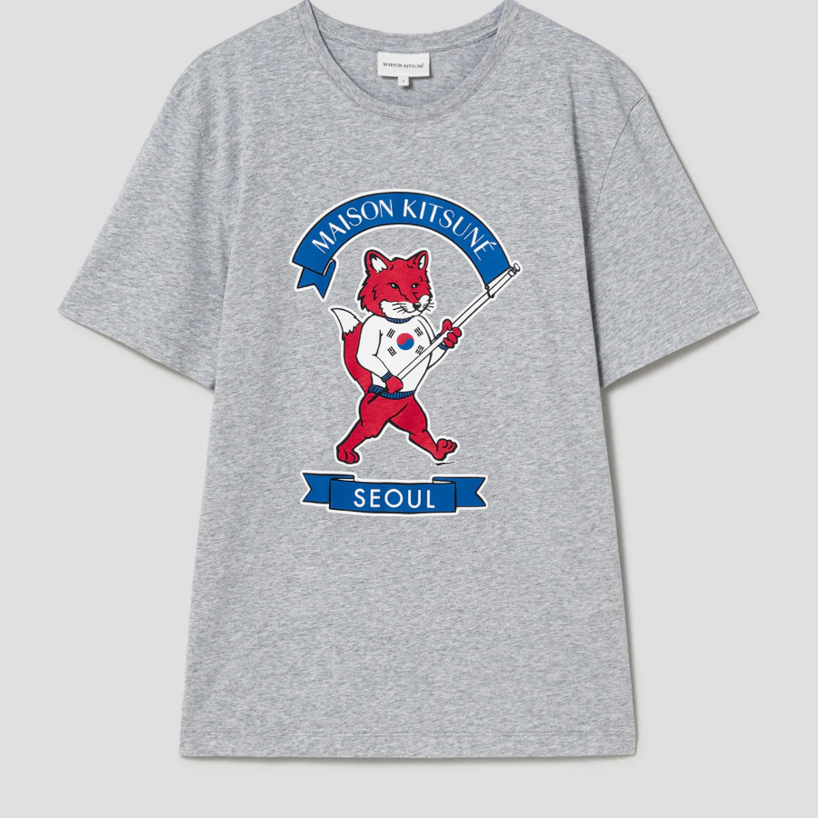 Maison Kitsune Unisex Korean Fox Printed Regular Tee-Shirt - Light Grey Melange