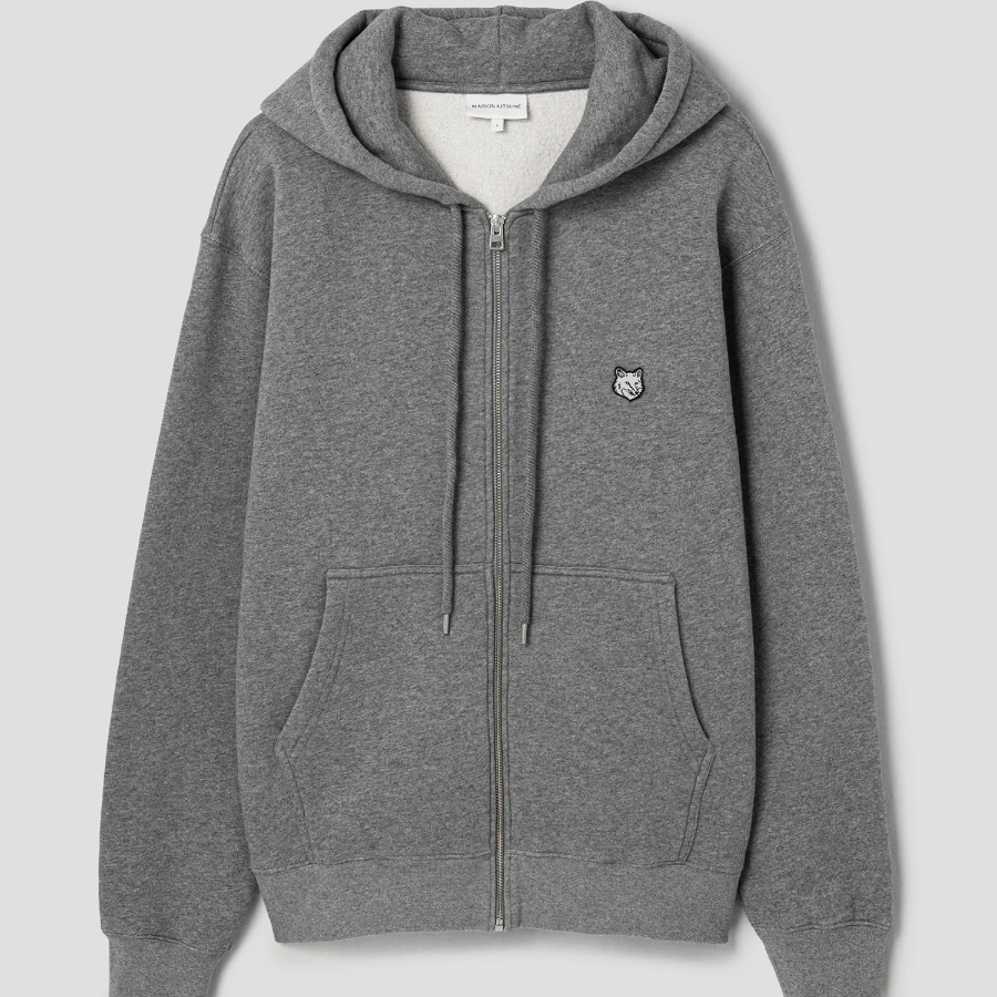 Maison Kitsune Men Bold Fox Head Patch Comfort Zipped Hoodie - Medium Grey Melange