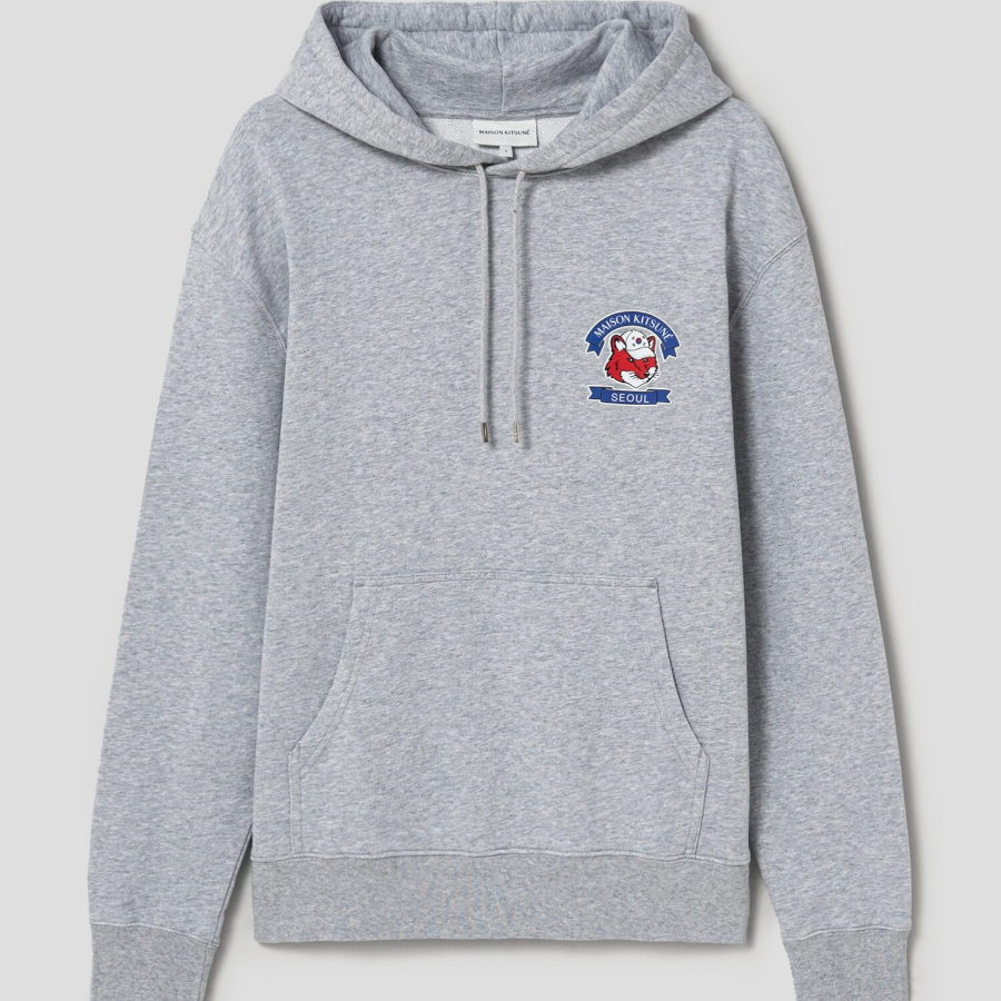 Maison Kitsune Unisex Korean Fox Printed Regular Hoodie - Light Grey Melange