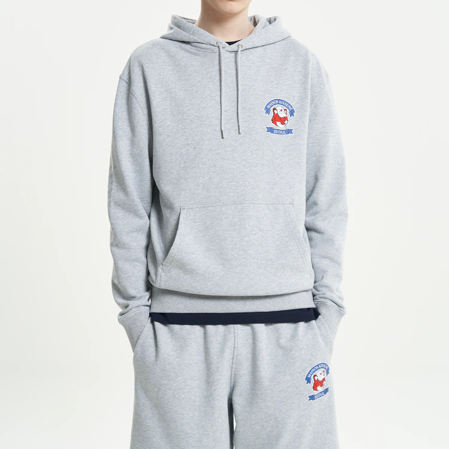 Maison Kitsune Unisex Korean Fox Printed Regular Hoodie - Light Grey Melange