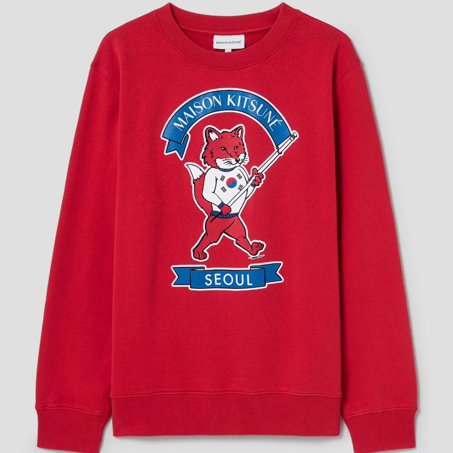 Maison Kitsune Unisex Korean Fox Printed Regular Sweatshirt - Plum Red