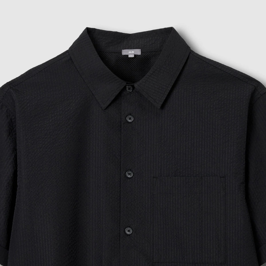 JAJU Men’s Seersucker Short Sleeve Shirt – Black