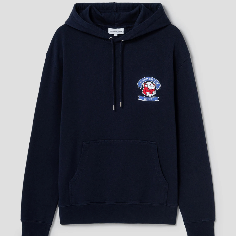 Maison Kitsune Unisex Korean Fox Printed Regular Hoodie - Navy