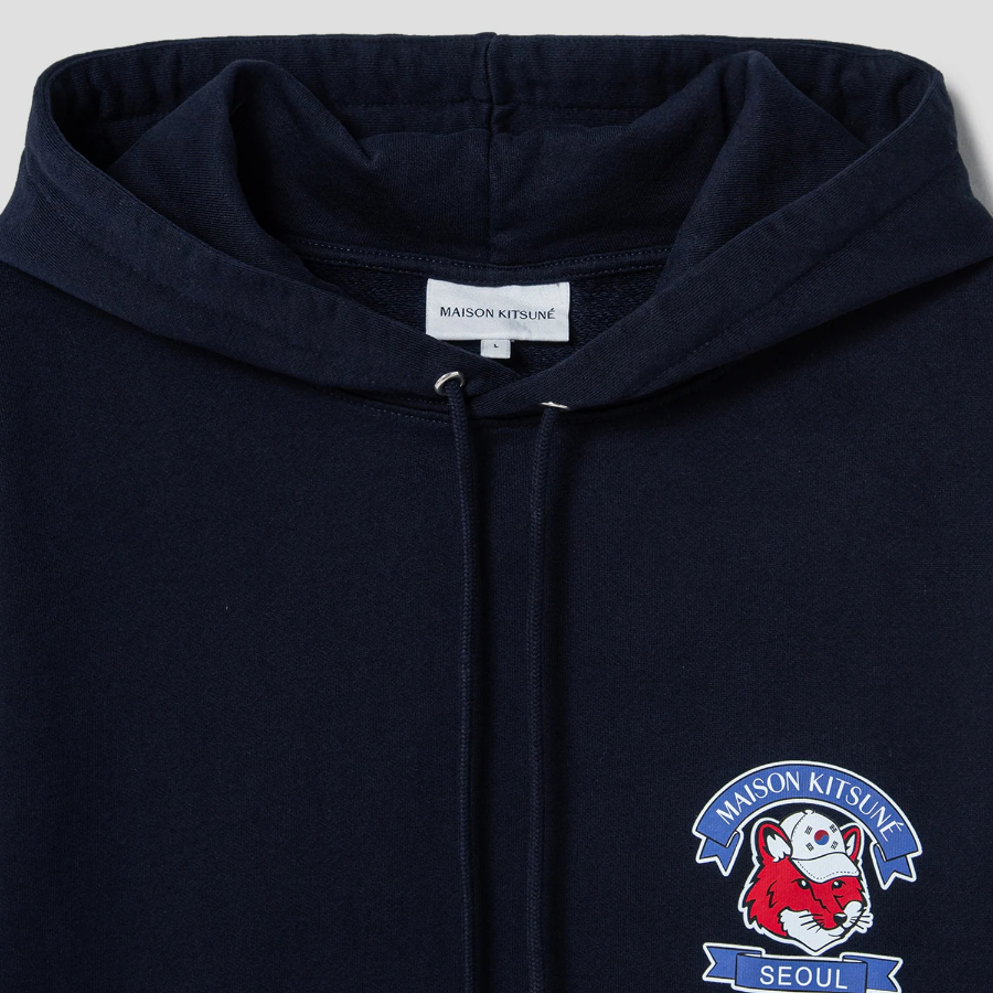 Maison Kitsune Unisex Korean Fox Printed Regular Hoodie - Navy