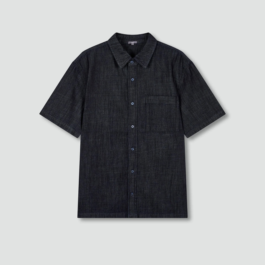 JAJU Men’s Chambray Denim Short Sleeve Shirt – Navy