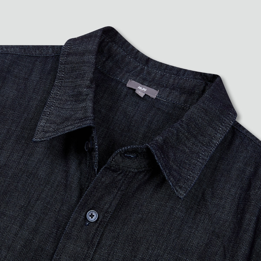 JAJU Men’s Chambray Denim Short Sleeve Shirt – Navy