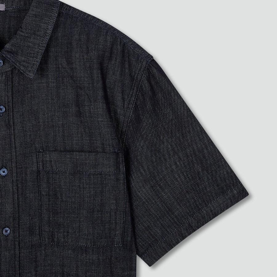 JAJU Men’s Chambray Denim Short Sleeve Shirt – Navy