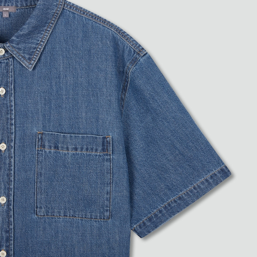 JAJU Men’s Chambray Denim Short Sleeve Shirt – Blue