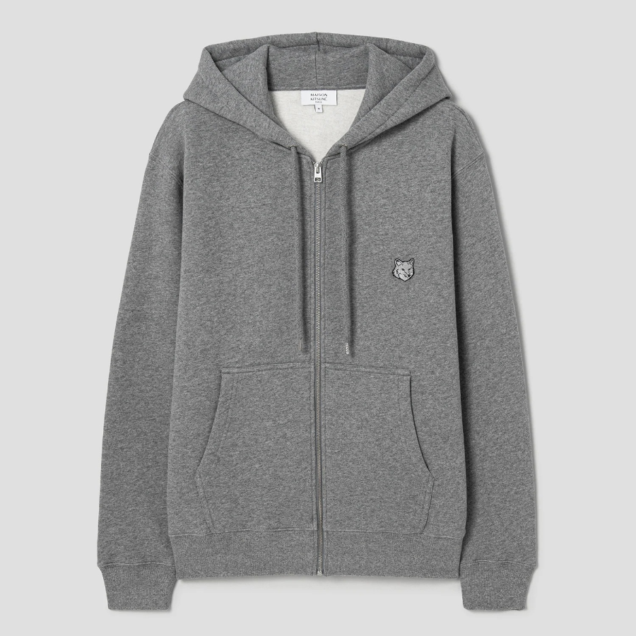 Maison Kitsune Men Tonal Fox Head Patch Comfort Zipped Hoodie - Medium Grey Melange