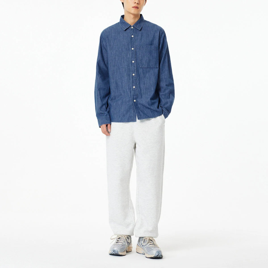 JAJU Men’s Loose Fit Chambray Denim Shirt – Blue