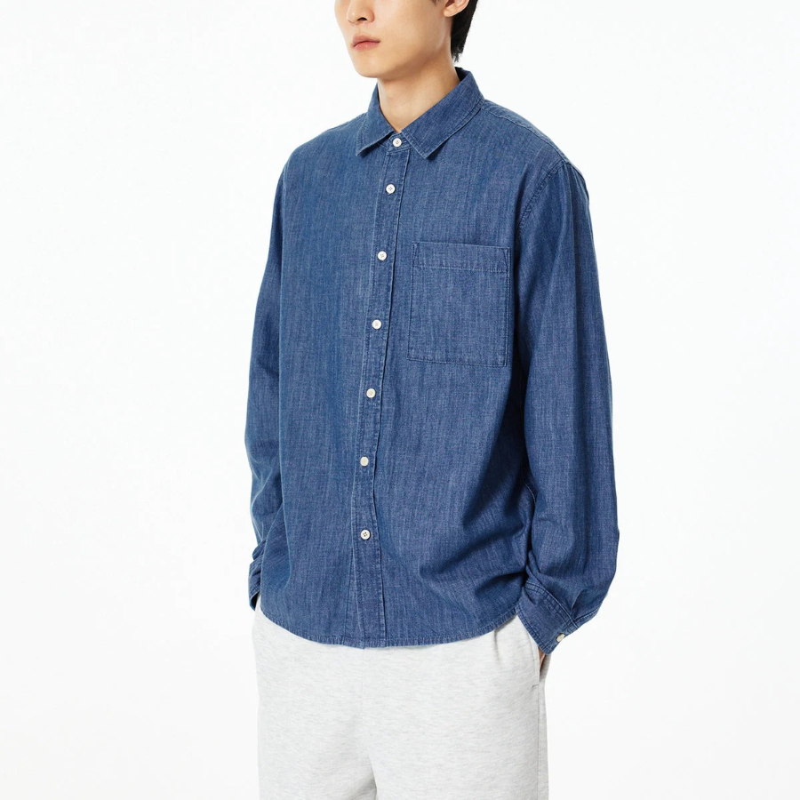 JAJU Men’s Loose Fit Chambray Denim Shirt – Blue