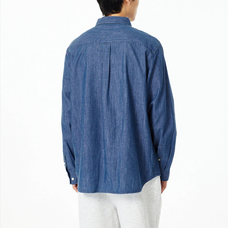 JAJU Men’s Loose Fit Chambray Denim Shirt – Blue