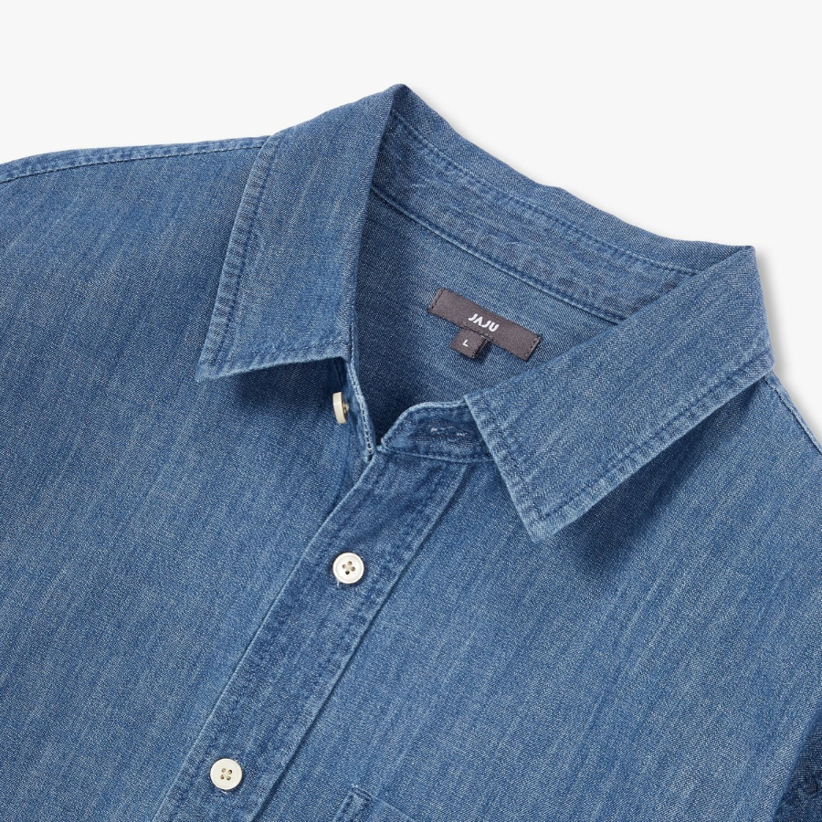 JAJU Men’s Loose Fit Chambray Denim Shirt – Blue