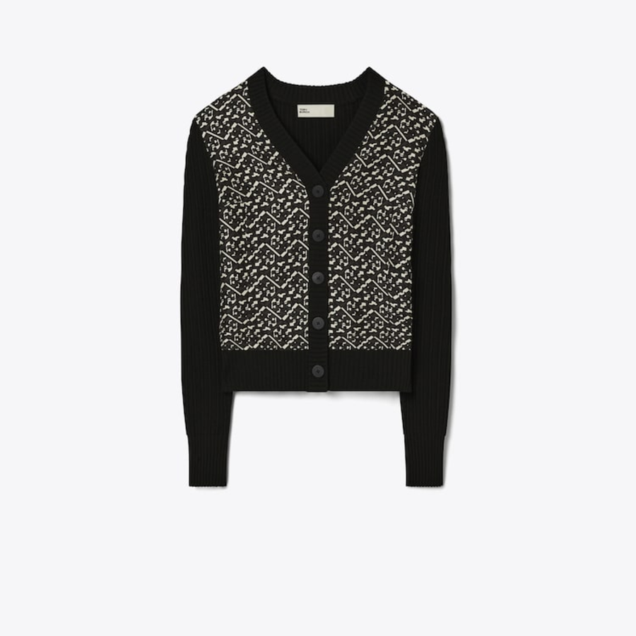 TORY BURCH Silk-Front Wool Cardigan – Black
