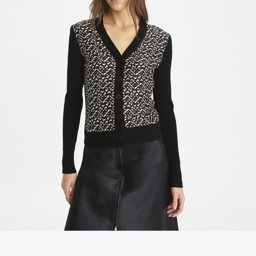 TORY BURCH Silk-Front Wool Cardigan – Black