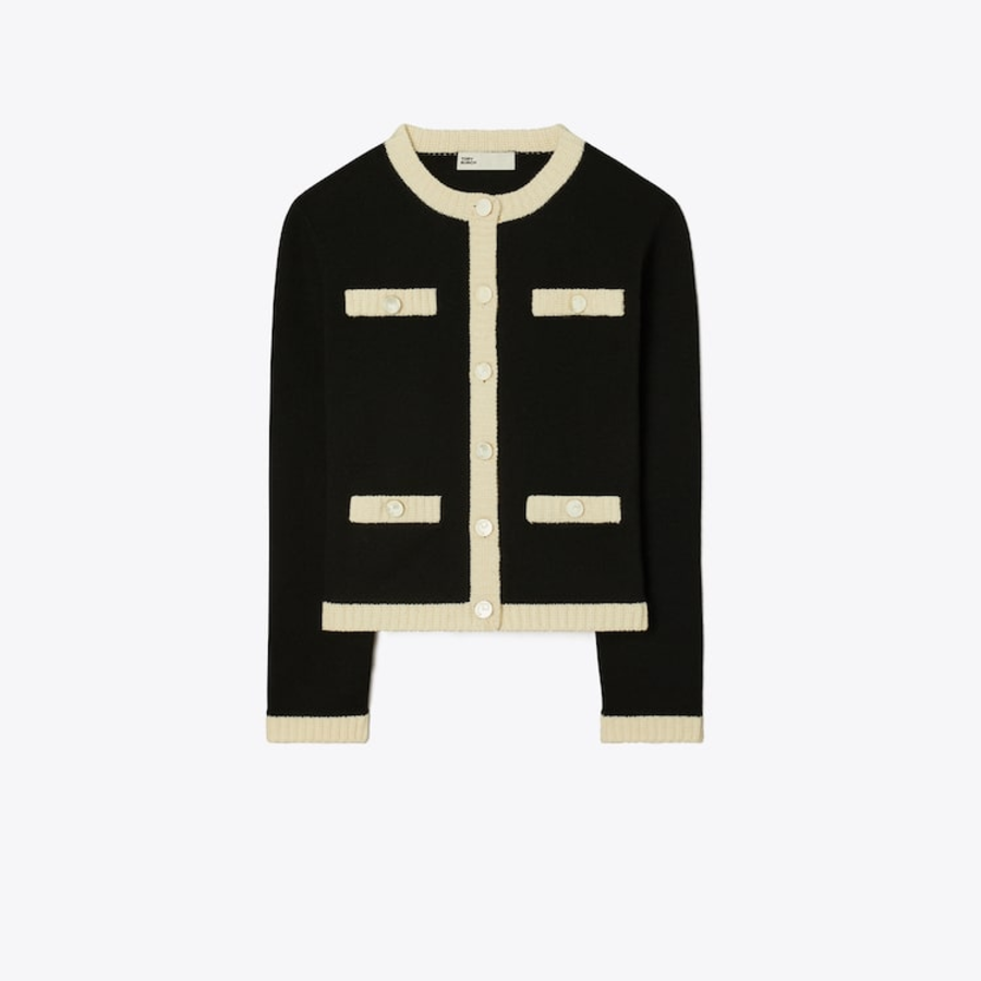 TORY BURCH Kendra Chunky Wool Trim Cardigan – Black