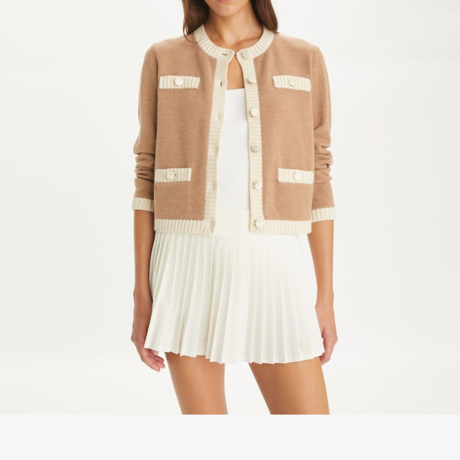 TORY BURCH Kendra Chunky Wool Trim Cardigan – Cream